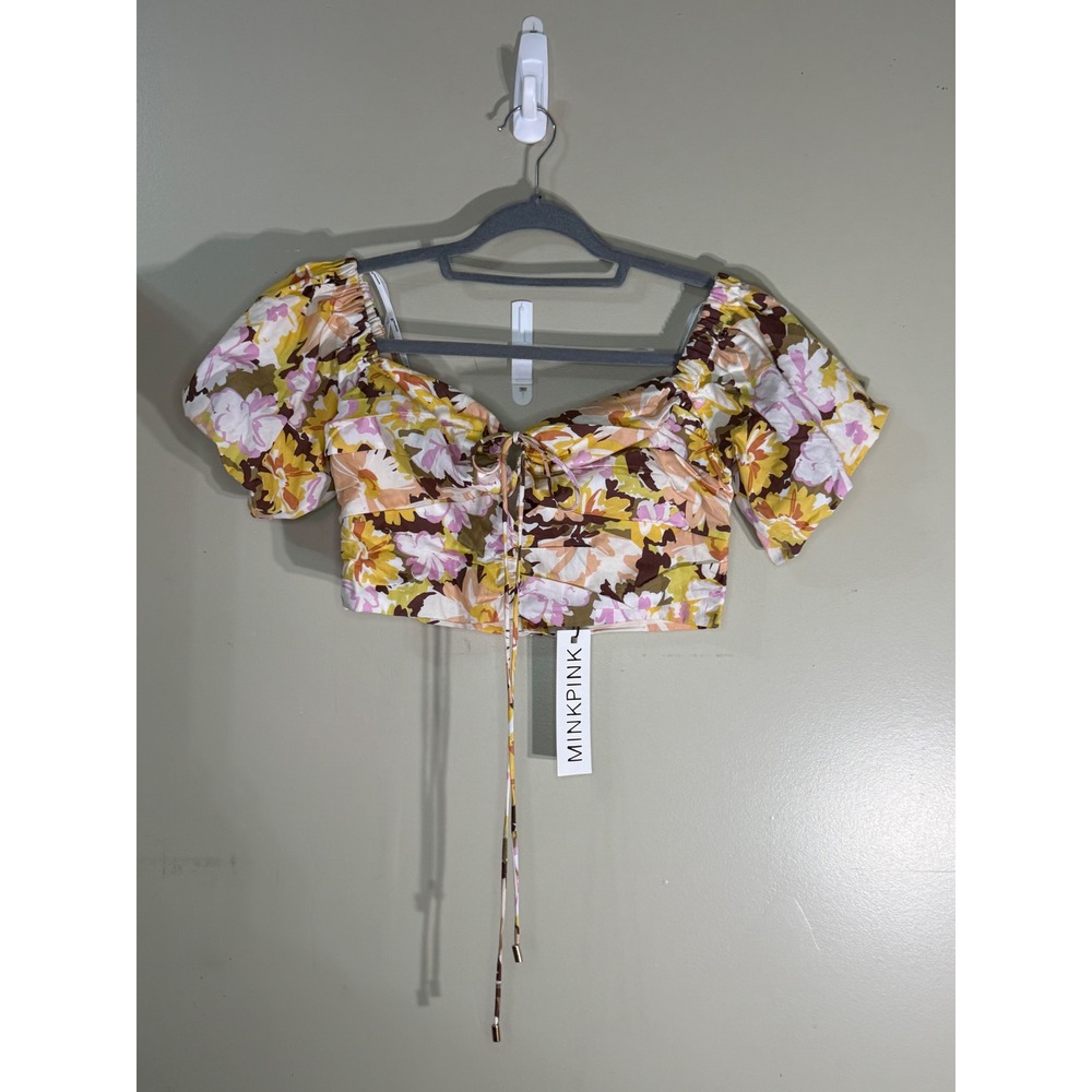 Minkpink Zoey Crop Top Floral Puff Sleeve Off Shoulder Yellow Pink MG2301411 M